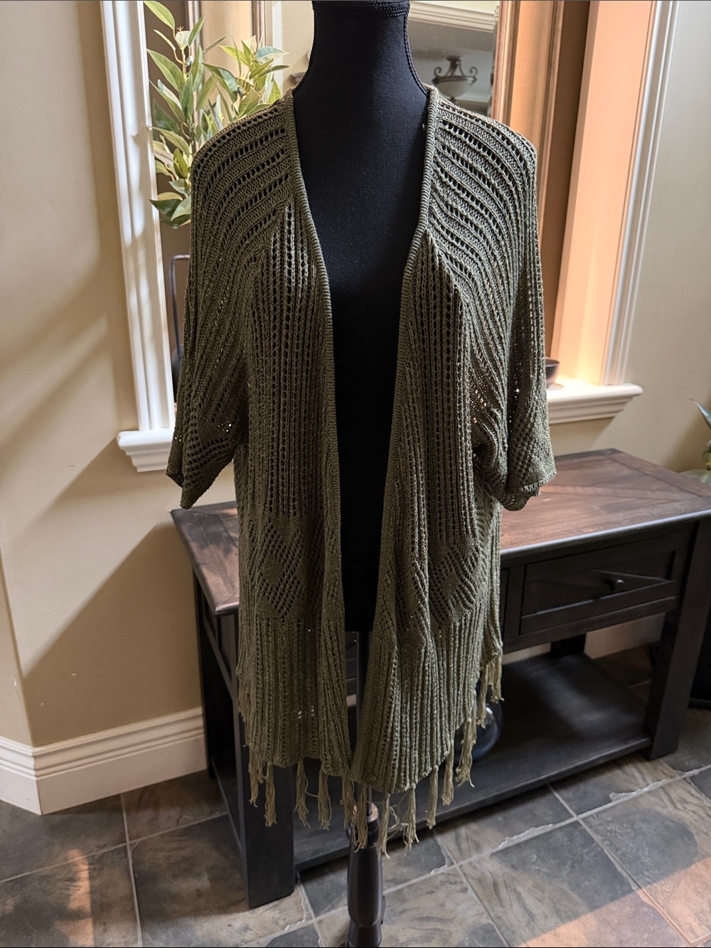 Warehouse Olive Open-Weave Fringe Cardigan